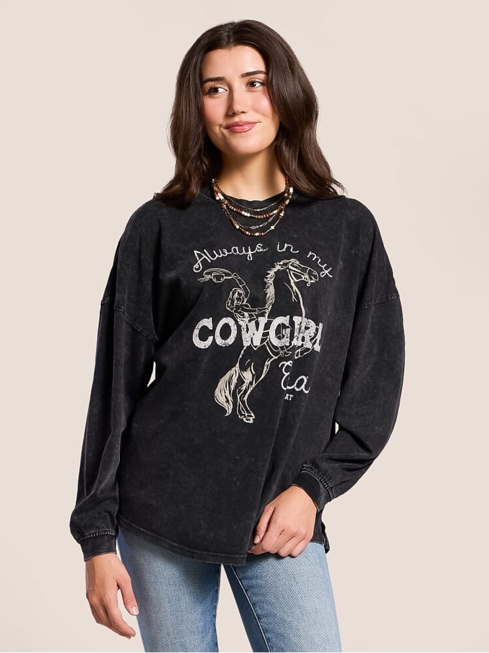 Ariat Black Mineral Washed Cowgirl Era Long Sleeve Oversized Tee Shirt Size M - Picture 2 of 10
